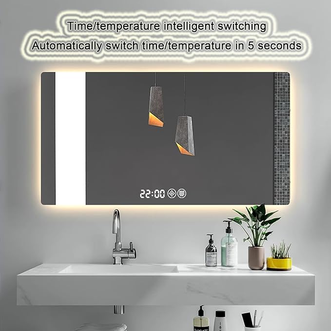 Bathroom Mirror with LED Lights，LED Bathroom Mirror，Smart Lighted Bathroom Mirror for Wall，Energy-Saving LED Smart Mirrors，with Demister Pad，Three-Color Light(H50*W70cm/H19.7*W27.6IN)