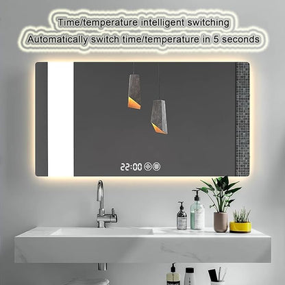 Bathroom Mirror with LED Lights，LED Bathroom Mirror，Smart Lighted Bathroom Mirror for Wall，Energy-Saving LED Smart Mirrors，with Demister Pad，Three-Color Light(H50*W70cm/H19.7*W27.6IN)