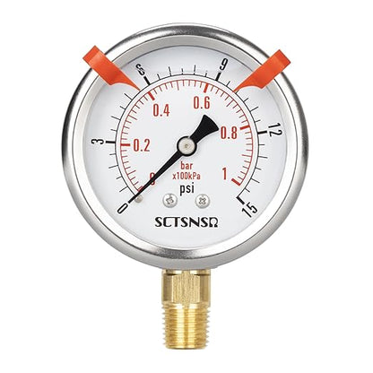 0 to 15 Psi Pressure Gauge, Glycerin Liquid Filled, 2.5 inch Dial, 1/4" NPT Lower Mount, Stainless Steel Case, for ATV Tire, HVAC Pipe, Well Tank, Fuel, Coolant, Nitrogen, Low Pressure Test