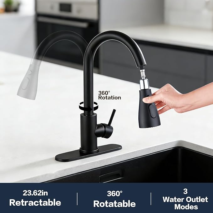 Kitchen Sink Faucet with Pull - Down Sprayer, 2 - Handle 3 - in - 1 Kitchen Sink Filter Faucet, Cold and Hot Mixer Drinking Water Faucet (Classic, Black-2)