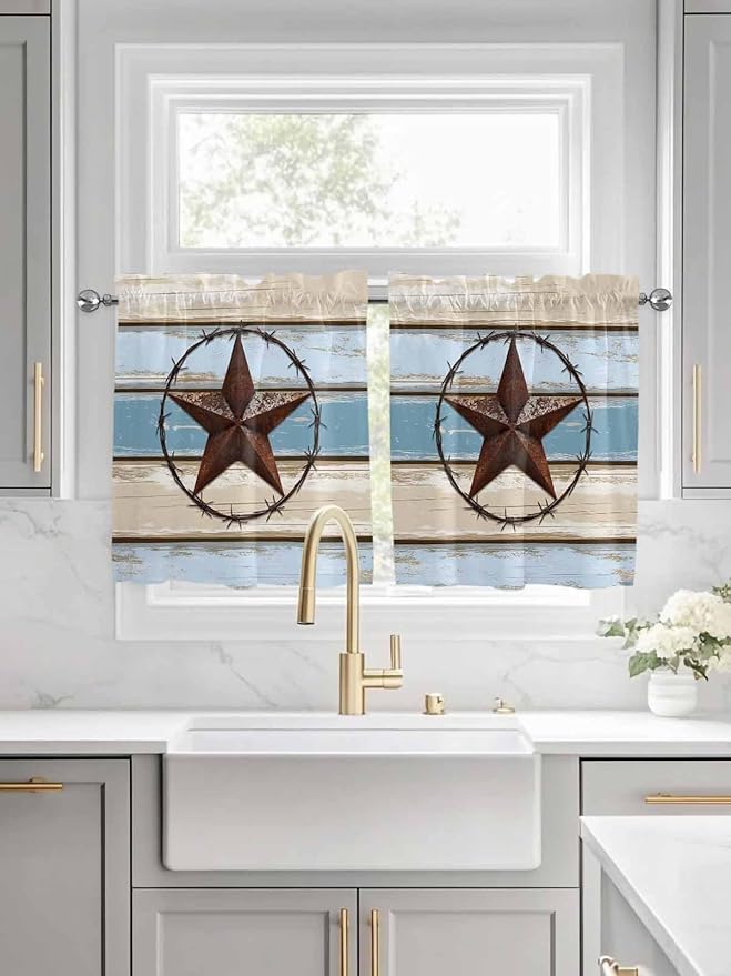 Vintage Western Star on Wood Grain Window Valance Curtains, Retro Wooden Texture Light Filtering Kitchen Valance with 3-inch Rod Pocket for Living Room Bathroom Bedroom,2 Panel,27.5x36In