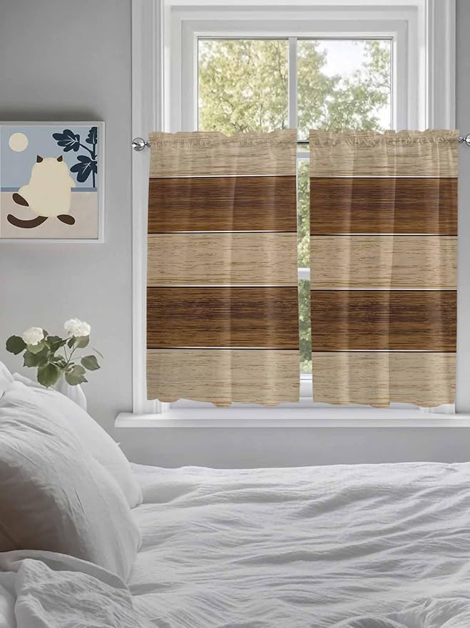 Retro Country Brown Wooden Board Window Valance Curtains, Farmhouse Gradient Plank Light Filtering Kitchen Valance with 3-inch Rod Pocket for Living Room Bathroom Bedroom,2 Panel,52x45In