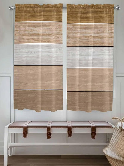Retro Farm Wood Board Window Valance Curtains, Brown Graduality Striped Light Filtering Kitchen Valance with 3-inch Rod Pocket for Living Room Bathroom Bedroom,2 Panel,42x63In