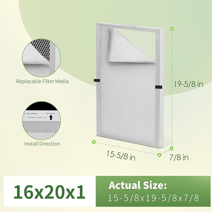 16x20x1 Reusable Air Filter MERV 8 Washable Furnace & AC Filter with 2 Extra Media Pads, Aluminum Electrostatic Air Filters for Home, Fits HVAC System, Air Conditioner, Air Handler