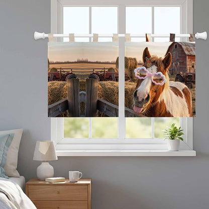 Farm Horses Kitchen Curtains 36 Inch Length, Small Window Curtains Tab Top, Farmhouse Barn Funny Animals Butterfly Light Filtering Short Window Treatments Tier Drapes 27.5"x36" 2 Panel