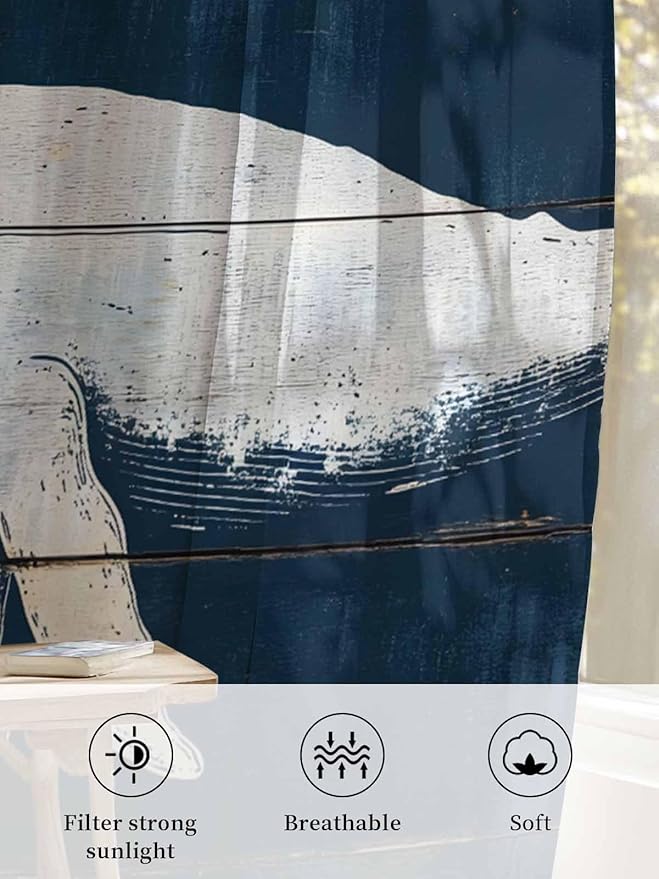Sheer Curtains 84 Inches Long, Ocean Whale Blue Semi Sheer Curtains Light Filtering Window Treatment, Watercolor Coastal Vintage Wood Grain Privacy Voile Drapes for Living Room Bedroom 52x84 Inch