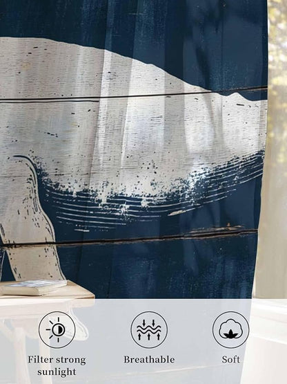 Sheer Curtains 84 Inches Long, Ocean Whale Blue Semi Sheer Curtains Light Filtering Window Treatment, Watercolor Coastal Vintage Wood Grain Privacy Voile Drapes for Living Room Bedroom 52x84 Inch