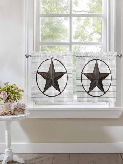 Vintage Farm Western Star Window Valance Curtains, White Wood Grain Light Filtering Kitchen Valance with 3-inch Rod Pocket for Living Room Bathroom Bedroom,2 Panel,27.5x24In