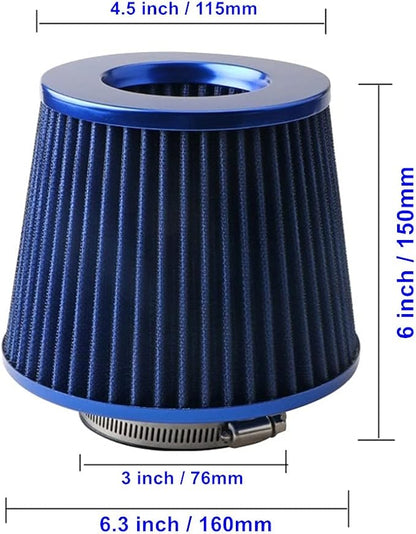 Cone Air Filter 3 Inch Inlet, Clamp-on 76mm/3" Cold Air Intake Filter, Washable Universal Car air filter-Blue