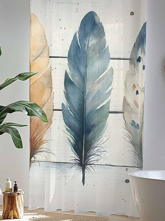 Sheer Curtains 84 Inches Long, Boho Blue Feathers Semi Sheer Curtains Light Filtering Window Treatment, Country Vintage Wooden Grain Privacy Voile Drapes for Living Room Bedroom 52x84 Inch