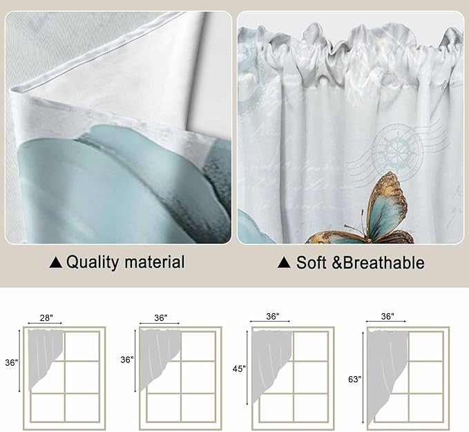 Blue Tulips Swag Valances for Windows, Watercolor Flowers Butterfly Spring Farmhouse Blue Rod Pocket Kitchen Curtains Valance, Kitchen Window Curtains Swag for Cafe Living Room, 2 Panels, 36x45 inch