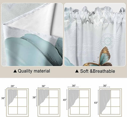 Blue Tulips Swag Valances for Windows, Watercolor Flowers Butterfly Spring Farmhouse Blue Rod Pocket Kitchen Curtains Valance, Kitchen Window Curtains Swag for Cafe Living Room, 2 Panels, 36x63 inch