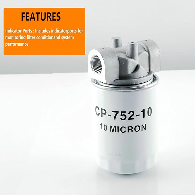 ‎‎Hydraulic Oil Filter Assembly - 3/4" NPT Ports,10 Micron Spin-On Hydraulic Return Line Filter Housing with Indicator Port, 20 GPM, 200 PSI for Log Splitters&Mini Excavators,Models 723-0405,CP-752-10