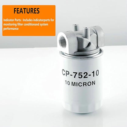 ‎‎Hydraulic Oil Filter Assembly - 3/4" NPT Ports,10 Micron Spin-On Hydraulic Return Line Filter Housing with Indicator Port, 20 GPM, 200 PSI for Log Splitters&Mini Excavators,Models 723-0405,CP-752-10