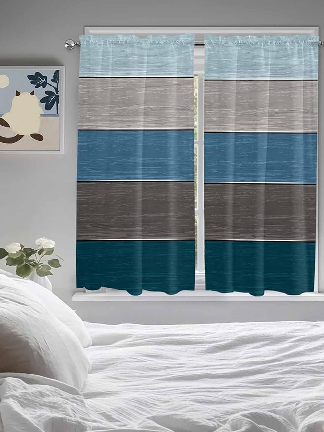 Retro Farm Blue Gray Wood Grain Window Valance Curtains, Rustic Wooden Plank Light Filtering Kitchen Valance with 3-inch Rod Pocket for Living Room Bathroom Bedroom,2 Panel,42x63In