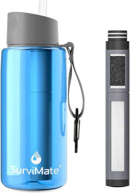 SurviMate 5-Stage 0.01μm Ultra-Filtration Filtered Water Bottle, BPA-Free Material, NSF/ANSI 42&372 Certified, Portable Water Filter Bottle for Survival, Camping, Hiking, and Emergency Use