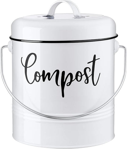 Compost Bin Kitchen, 1.3 Gallon Farmhouse Kitchen Compost Bin Countertop, Indoor Countertop Compost Bucket with Lid and Charcoal Filters, White