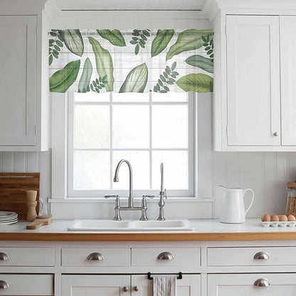 Summer Palm Leaf Sheer Valance Curtains, Green Tropical Plants Nature Leaves Wood Grain Light Filtering Kitchen Valances Rod Pocket Voile Curtain Treatment for Bedroom/Living Room/Basement 42Wx18L
