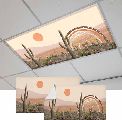 Fluorescent Light Covers for Ceiling Lights Cactus Desert Magnetic Light Filters 2 Pack 4x2 ft Sun Mountain Rainbow Bohemian Style Ceiling Lights Cover for Classroom Office School Home Drop Lamp Decor