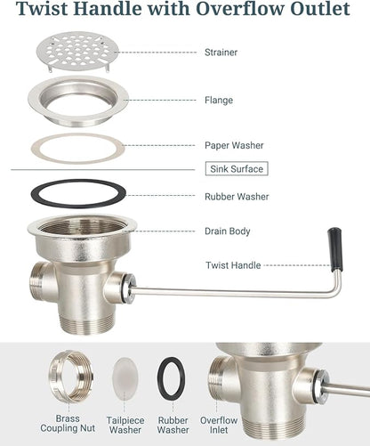 3-1/2 Inch Commercial Sink Drain with Lever Handle Kitchen Sink Opening Waste Drain Valve Stopper Prevents Sink Clogged Overflow for 1/2/3 Compartment Sink Style Drains