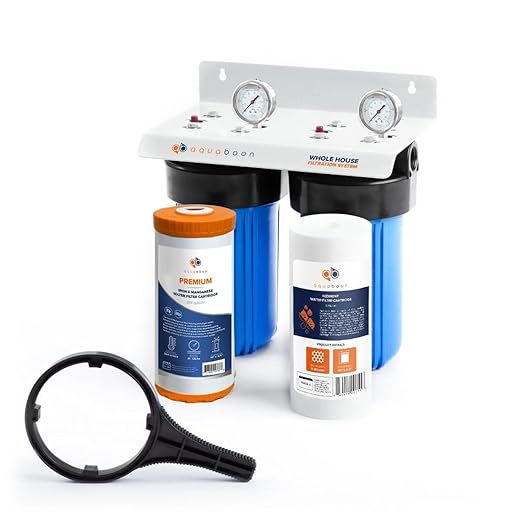 Aquaboon 2-Stage Water Filter System for Well Water with 5 Micron 10x4.5 Reducing Sediment and Iron & Manganese Water Purification Filters, Pressure Gauges, Wrench, Iron Bracket