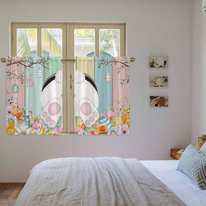 Easter Kitchen Curtains 45 Inch Long 2 Panel Set, Rod Pocket Window Treatment, Spring Colorful Bunny Eggs Flower Wood Grain Light Filtering Panels Short Drapes for Bathroom Camper 42"W x 45"L
