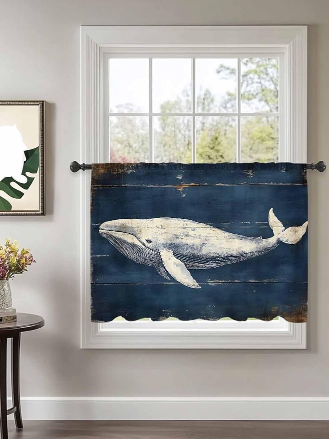 Sheer Curtains 54 Inch Length, Ocean Vintage Whale Semi Sheer Curtains Light Filtering Window Treatment, Summer Retro Wood Grain Privacy Voile Drapes for Living Room Bedroom 52x54 Inch