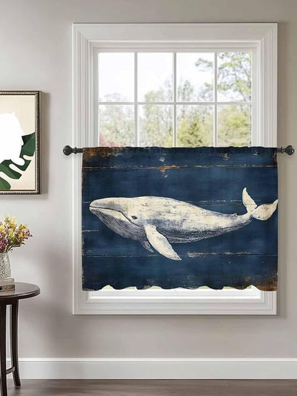 Sheer Curtains 54 Inch Length, Ocean Vintage Whale Semi Sheer Curtains Light Filtering Window Treatment, Summer Retro Wood Grain Privacy Voile Drapes for Living Room Bedroom 52x54 Inch