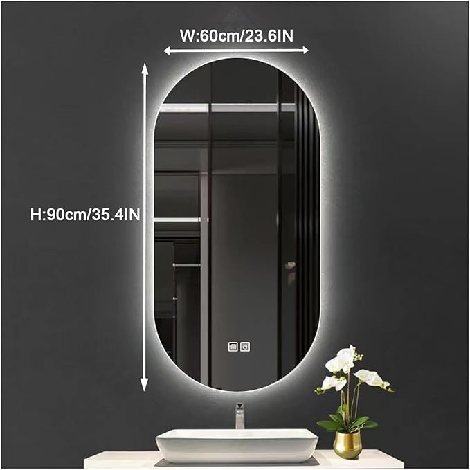 Bathroom Led Mirror ，Bathroom Mirror with LED Lights，LED Mirror for Bathroom，Backlit Bathroom Mirror ，with Touch Sensor/Demister pad，Shatterproof，Adjustable Lights(B,H90*W60cm/H35.4*W23.6IN)