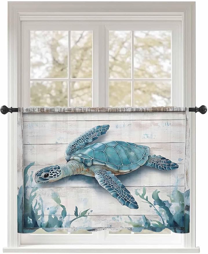 Sheer Curtains 54 Inch Length, Teal Green Sea Turtle Semi Sheer Curtains Light Filtering Window Treatment, Summer Ocean Seaweed Wood Grain Privacy Voile Drapes for Living Room Bedroom 52x54 Inch