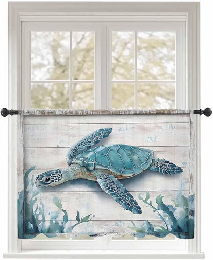 Sheer Curtains 54 Inch Length, Teal Green Sea Turtle Semi Sheer Curtains Light Filtering Window Treatment, Summer Ocean Seaweed Wood Grain Privacy Voile Drapes for Living Room Bedroom 52x54 Inch