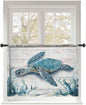 Sheer Curtains 54 Inch Length, Teal Green Sea Turtle Semi Sheer Curtains Light Filtering Window Treatment, Summer Ocean Seaweed Wood Grain Privacy Voile Drapes for Living Room Bedroom 52x54 Inch