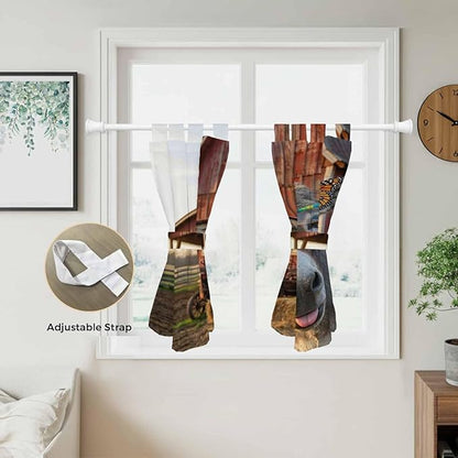 Farm Donkeys Kitchen Curtains 45 Inch Length, Short Cafe Window Curtains Tab Top, Farmhouse Barn Funny Animals Butterfly Light Filtering Window Treatments Tier Drapes 27.5"x45" 2 Panel