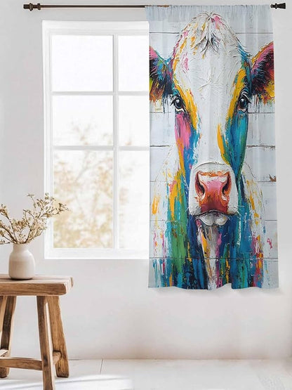 Sheer Curtains 63 Inch Length, Farmhouse Oil Painting Semi Sheer Curtains Light Filtering Window Treatment, Colorful Cow Animal Wooden Grain Privacy Voile Drapes for Living Room Bedroom 52x63 Inch