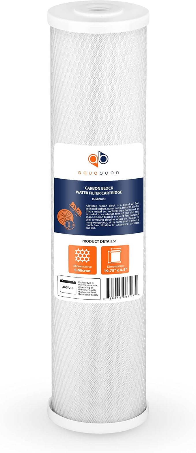 Aquaboon 4.5 x 20 Carbon Block Filter Cartridge Large - 5 Micron Whole House Water Filter Replacement Remove Chlorine Taste Odors Compatible with FC25B, EPM-20BB, CB-BB-20, 155783-43 (1 Pack)