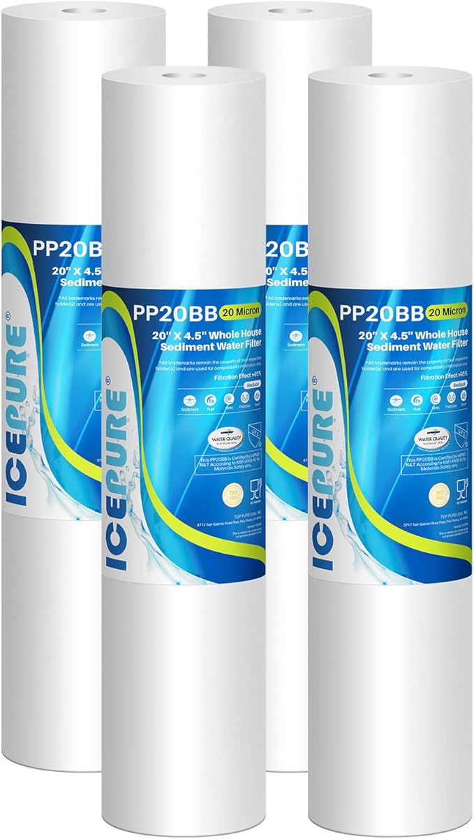 ICEPURE 20 Micron 20" x 4.5" Whole House Sediment Home Water Filter Replacement Cartridge, Compatible with SP-DD-5005-20BB, FPMB5-20, AP810-2, 155358-43, SDC-45-2005, 2PP20BB1M, P5-20, FP25B, 4 Pack