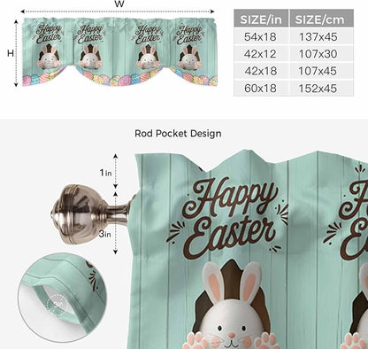 Green Easter Tie Up Valance Curtains for Windows, Kitchen Curtains Window Shades, Spring Cartoon Bunny Colorful Eggs Wood Grain Light Filtering Roman Curtain Valances for Bedroom/Bathroom/Cafe 42"x18"