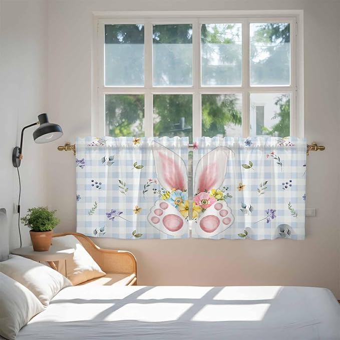 Easter Kitchen Tier Curtains 24 Inch Long 2 Panel Set,Rod Pocket Cafe Small Window Curtains Over Sink,Spring Rabbits Ears Feet Floral Blue Lattice Light Filtering Short Drapes 27.5"W x 24"L