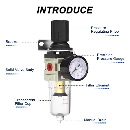 AIRZOE 1/4"NPT Air Filter Regulator Combo Piggyback,5 Micron Brass Element, Manual Drain,Air Pressure Regulator AW2000-02,0-150 psi Gauge