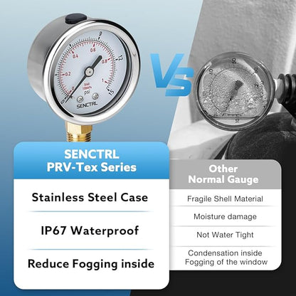 SENCTRL 0-15 Psi Low Pressure Gauge, 2" Dial Size, 1/4 Npt Lower Mount, Waterproof, Stainless Steel Case, for Water Air ATV Tire Gas Pressure Test