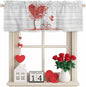 Valentine's Day Valance Curtains for Kitchen, Red Love Trees Bicycles Balloons Wood Grain Privacy Rod Pocket Valance Curtain, Light-Filtering Window Treatment for Bedroom Bathroom, 60"x18"