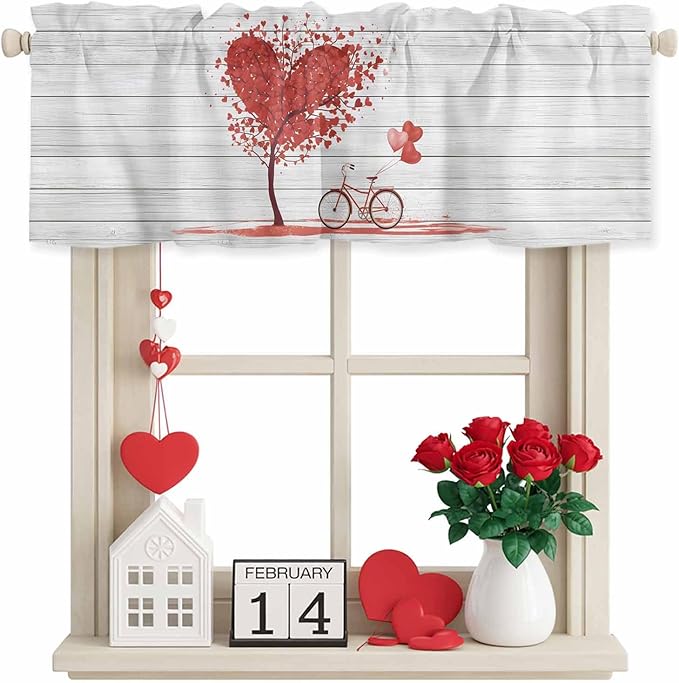 Valentine's Day Valance Curtains for Kitchen, Red Love Trees Bicycles Balloons Wood Grain Privacy Rod Pocket Valance Curtain, Light-Filtering Window Treatment for Bedroom Bathroom, 42"x18"