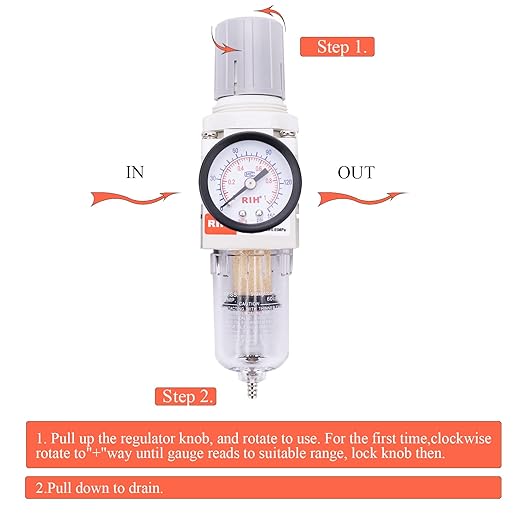 RIH 1/4" NPT Compressed Air Filter Regulator Combo Piggyback, 5 Micron Brass Element, Poly Bowl, Semi-Auto Drain, Metal Bracket, 0-150 psi Gauge Air Tool Compressor Filter with Gauge (1/4" NPT)