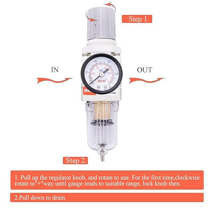 RIH 1/4" NPT Compressed Air Filter Regulator Combo Piggyback, 5 Micron Brass Element, Poly Bowl, Semi-Auto Drain, Metal Bracket, 0-150 psi Gauge Air Tool Compressor Filter with Gauge (1/4" NPT)
