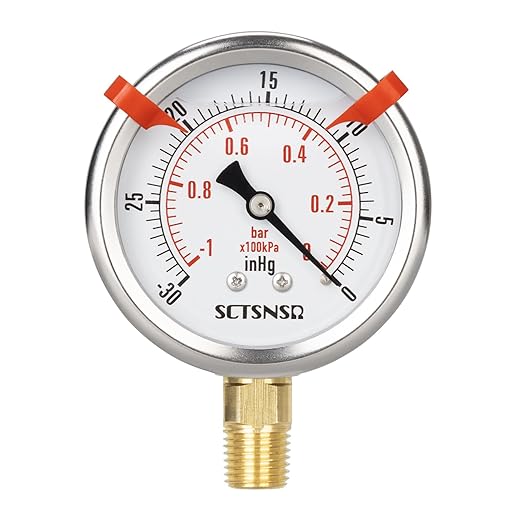 -30 inHg to 0 Vacuum Pressure Gauge, Glycerin Liquid Filled, 2.5 inch Dial, 1/4" NPT Lower Mount, Stainless Steel Case, for Air Conditioning Line, Tank, Air Pump, HVAC, Pipe, Pressure Test