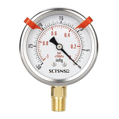 -30 inHg to 0 Vacuum Pressure Gauge, Glycerin Liquid Filled, 2.5 inch Dial, 1/4" NPT Lower Mount, Stainless Steel Case, for Air Conditioning Line, Tank, Air Pump, HVAC, Pipe, Pressure Test