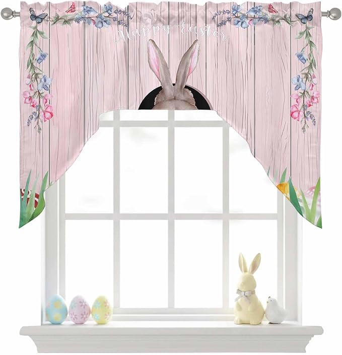 Swag Valance Curtains, Easter Cute Rabbit and Colorful Eggs Rod Pocket Valances Swag Topper for Kitchen Windows, Pink Farm Wooden Barn Light Filtering Short Curtain for Bedroom Bathroom 56x36In