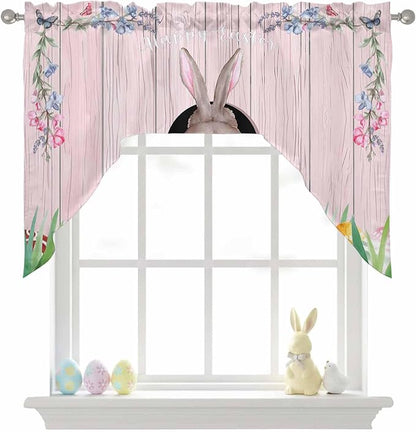 Swag Valance Curtains, Easter Cute Rabbit and Colorful Eggs Rod Pocket Valances Swag Topper for Kitchen Windows, Pink Farm Wooden Barn Light Filtering Short Curtain for Bedroom Bathroom 56x36In