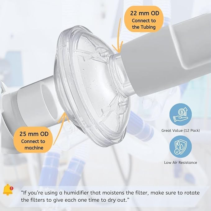 Nispira 12-Pack Universal CPAP Inline Viral Filter for ResMed, Dreamstation CPAP BiPAP Machines Standard Tubing Outlet 22 mm Machine Outlet 25mm