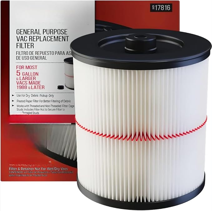 17816/9-17816 Red-Stripe Cartridge Filter Replacement – Compatible with Craftsman 5–32 Gallon Wet/Dry Shop Vac – Washable Pleated Vacuum Filter, 1 Pack
